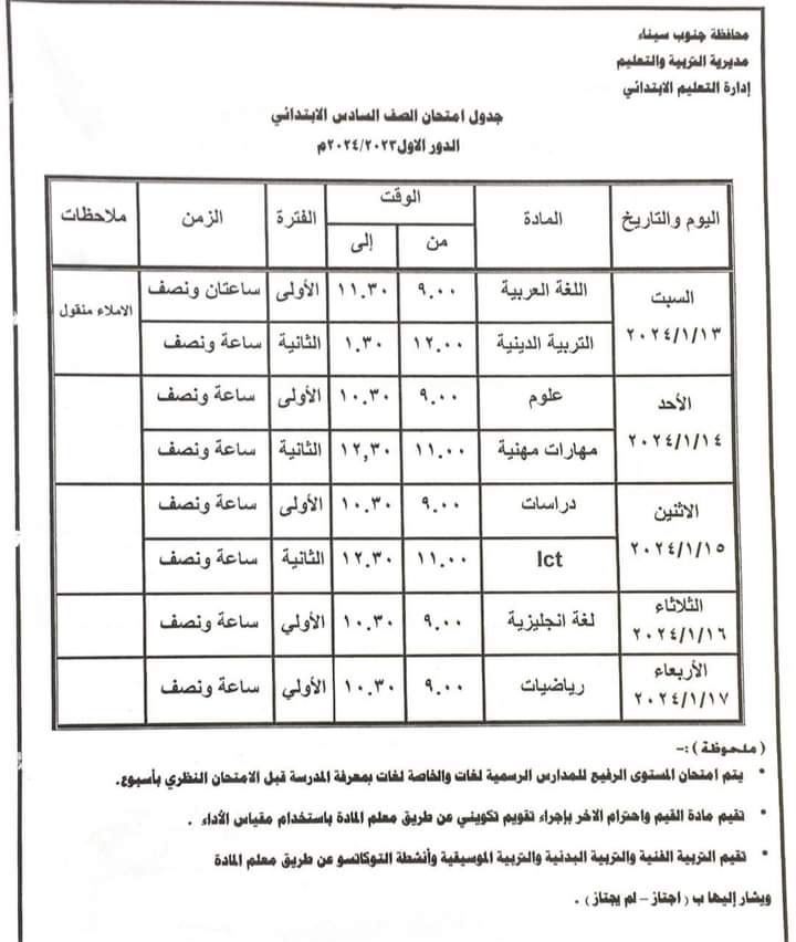 جدول امتحانات الفصل الدراسي الأول بمحافظة جنوب سيناء (2)