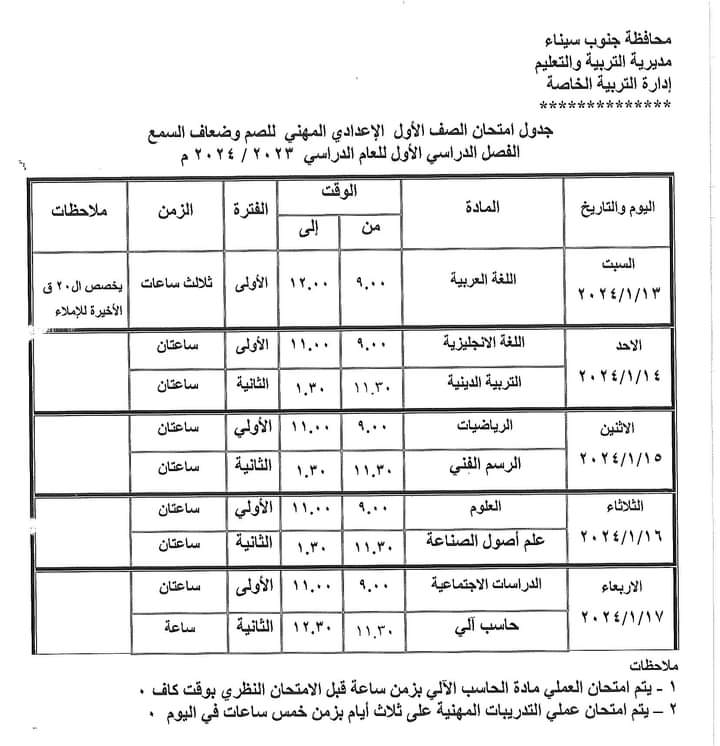 جدول امتحانات الفصل الدراسي الأول بمحافظة جنوب سيناء (7)