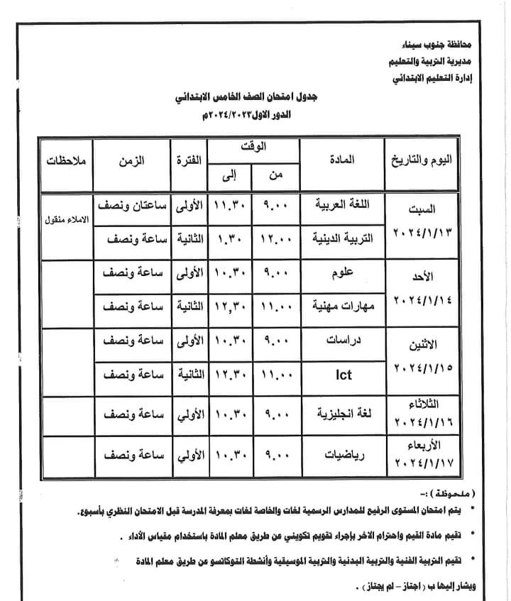 جدول امتحانات الفصل الدراسي الأول بمحافظة جنوب سيناء (1)
