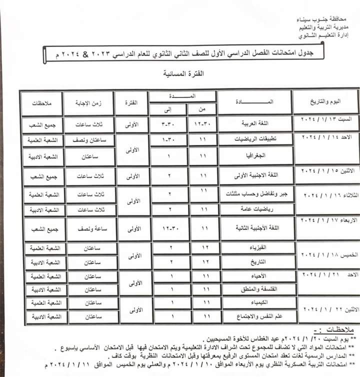 جدول امتحانات الفصل الدراسي الأول بمحافظة جنوب سيناء (9)