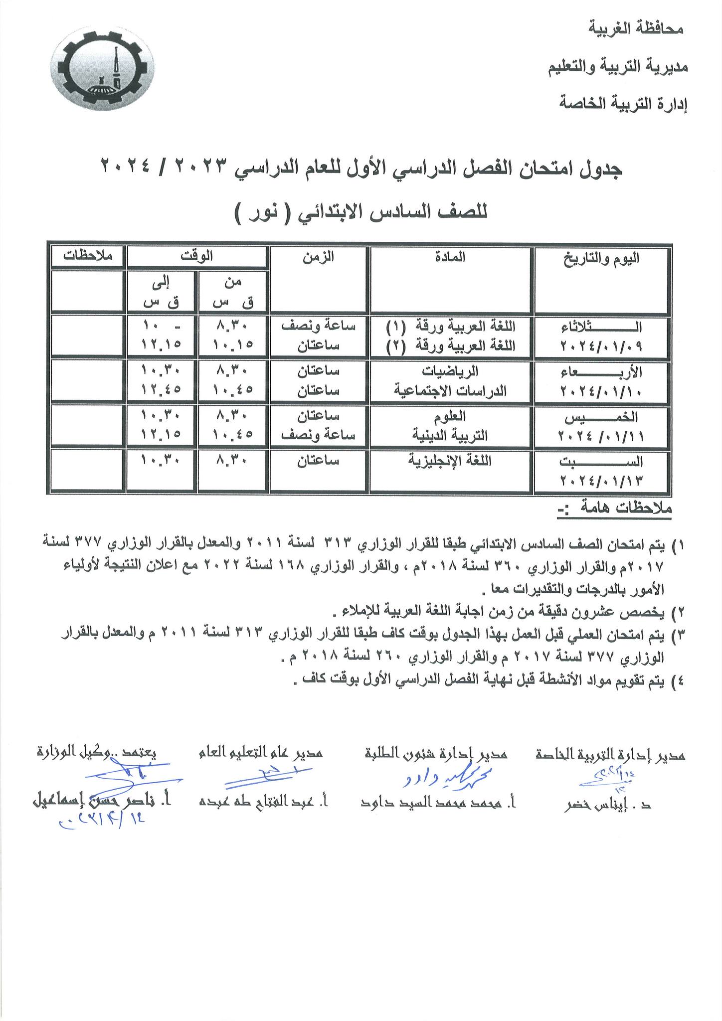 جداول امتحانات الفصل الدراسي الأول لطلاب التربية الخاصة بالغربية (2)