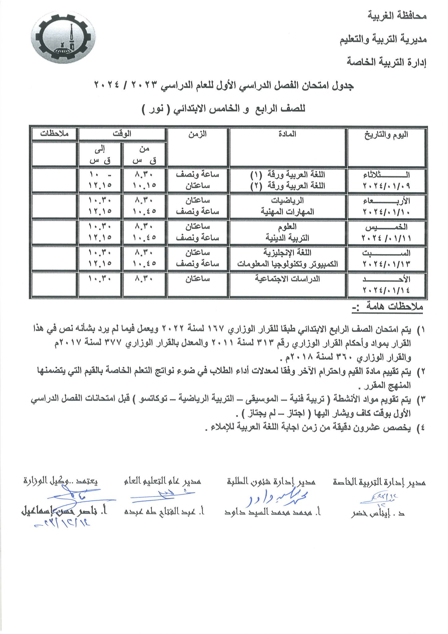 جداول امتحانات الفصل الدراسي الأول لطلاب التربية الخاصة بالغربية (3)