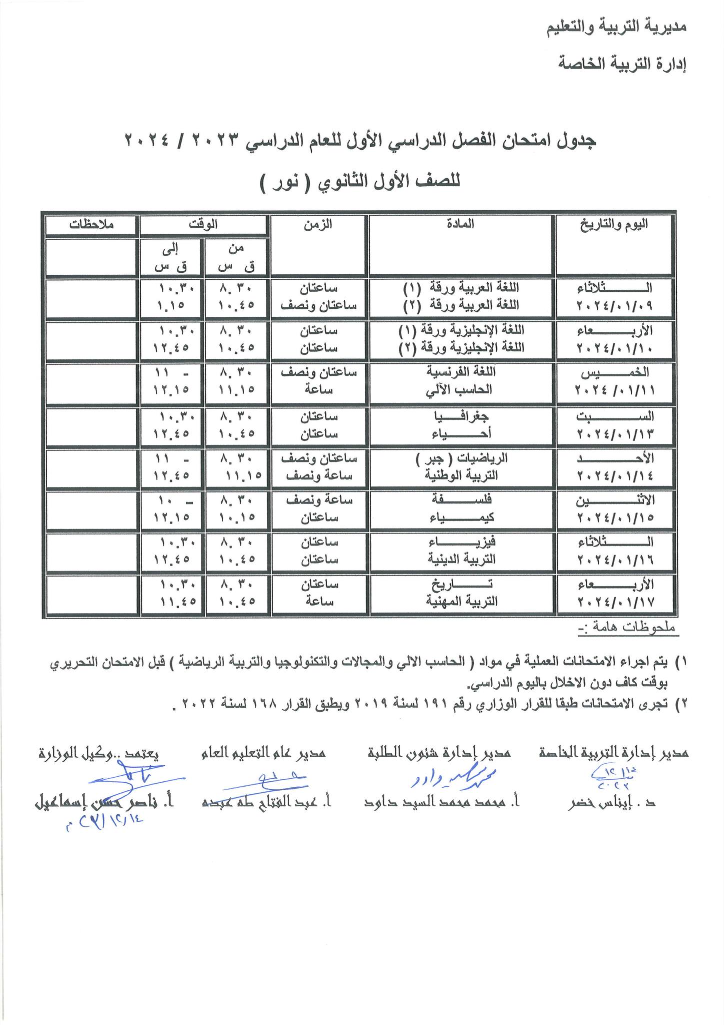 جداول امتحانات الفصل الدراسي الأول لطلاب التربية الخاصة بالغربية (7)