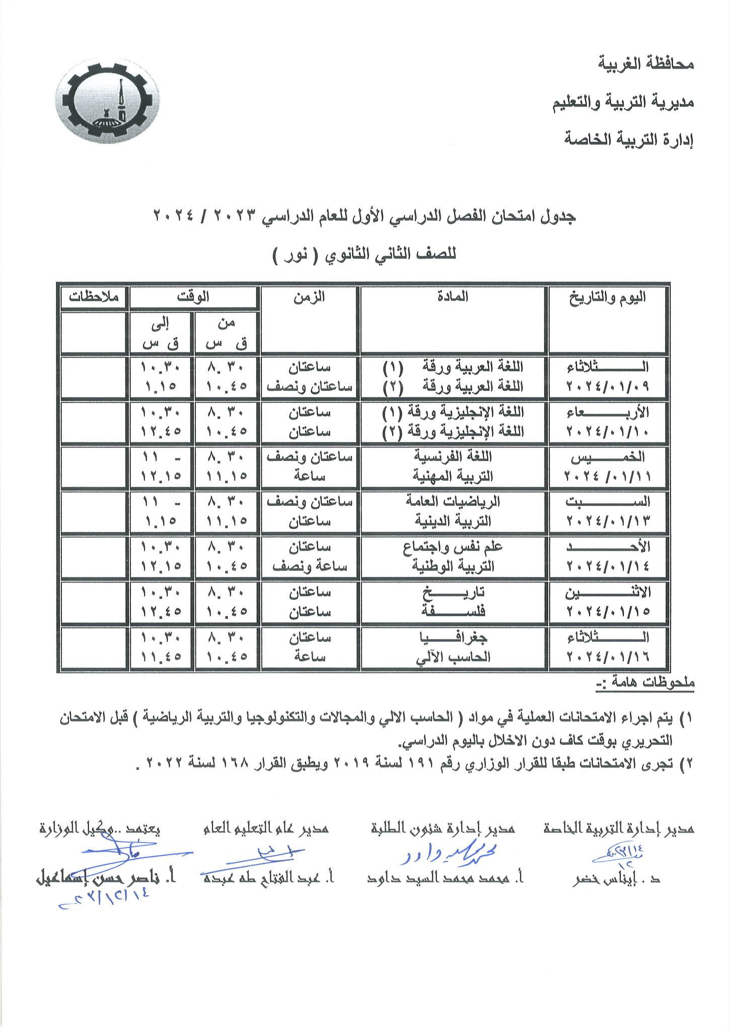 جداول امتحانات الفصل الدراسي الأول لطلاب التربية الخاصة بالغربية (6)