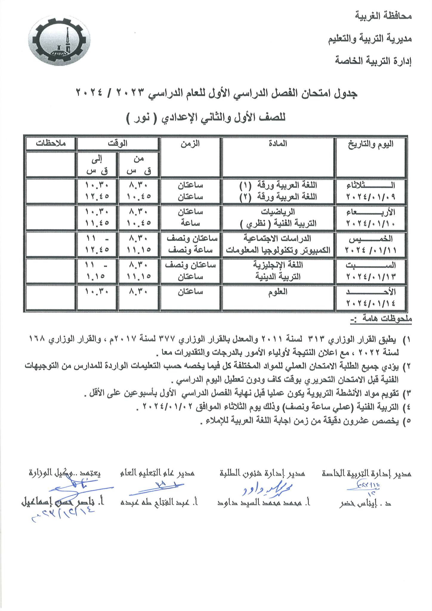 جداول امتحانات الفصل الدراسي الأول لطلاب التربية الخاصة بالغربية (5)