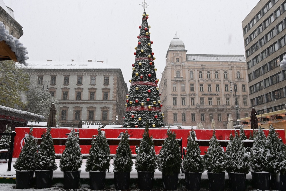 شجرة عيد الميلاد أثناء تساقط الثلوج في وسط بودابست