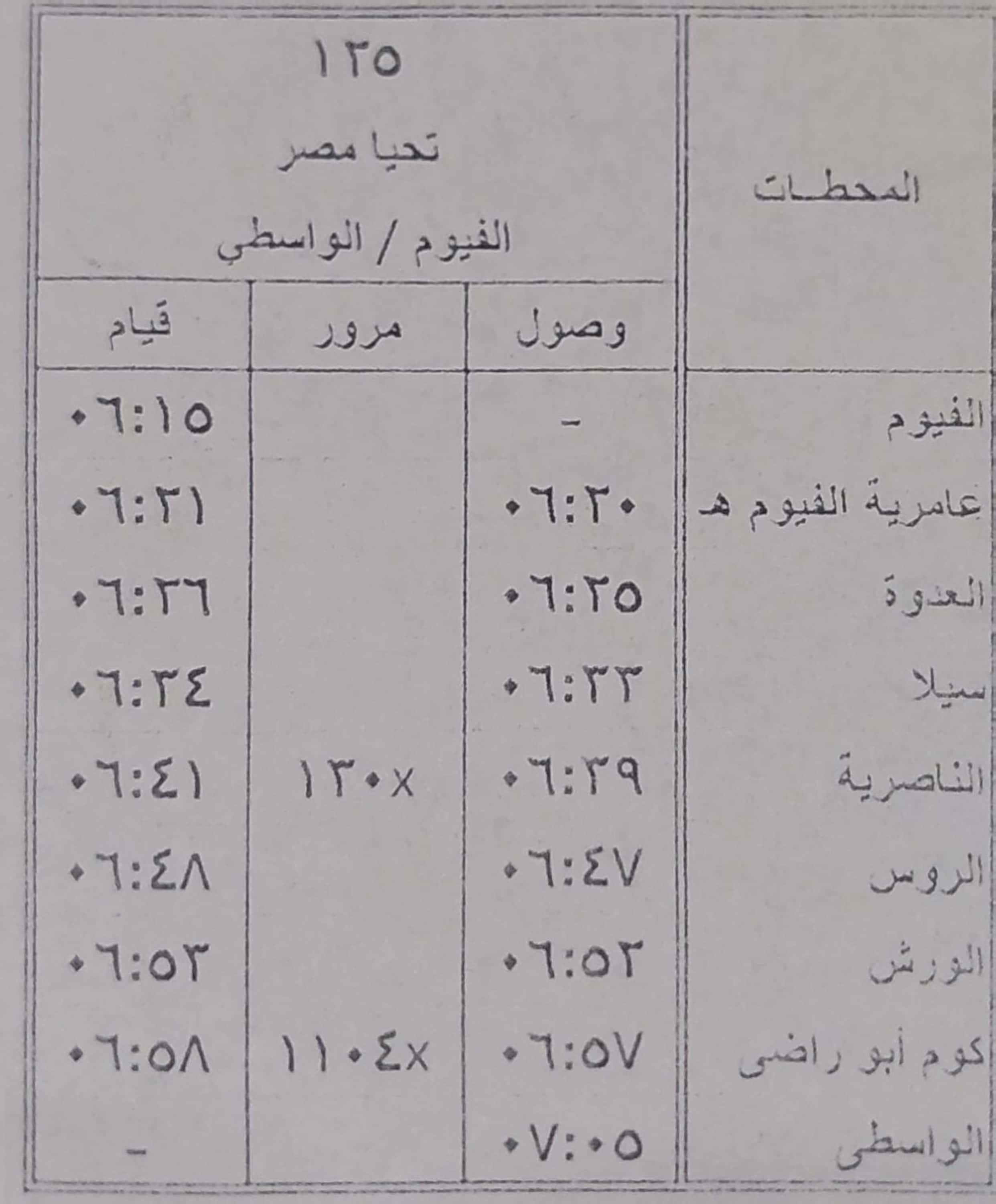 مواعيد بعض القطارات على خط القاهرة  الأقصر و الواسطي  الفيوم (5)