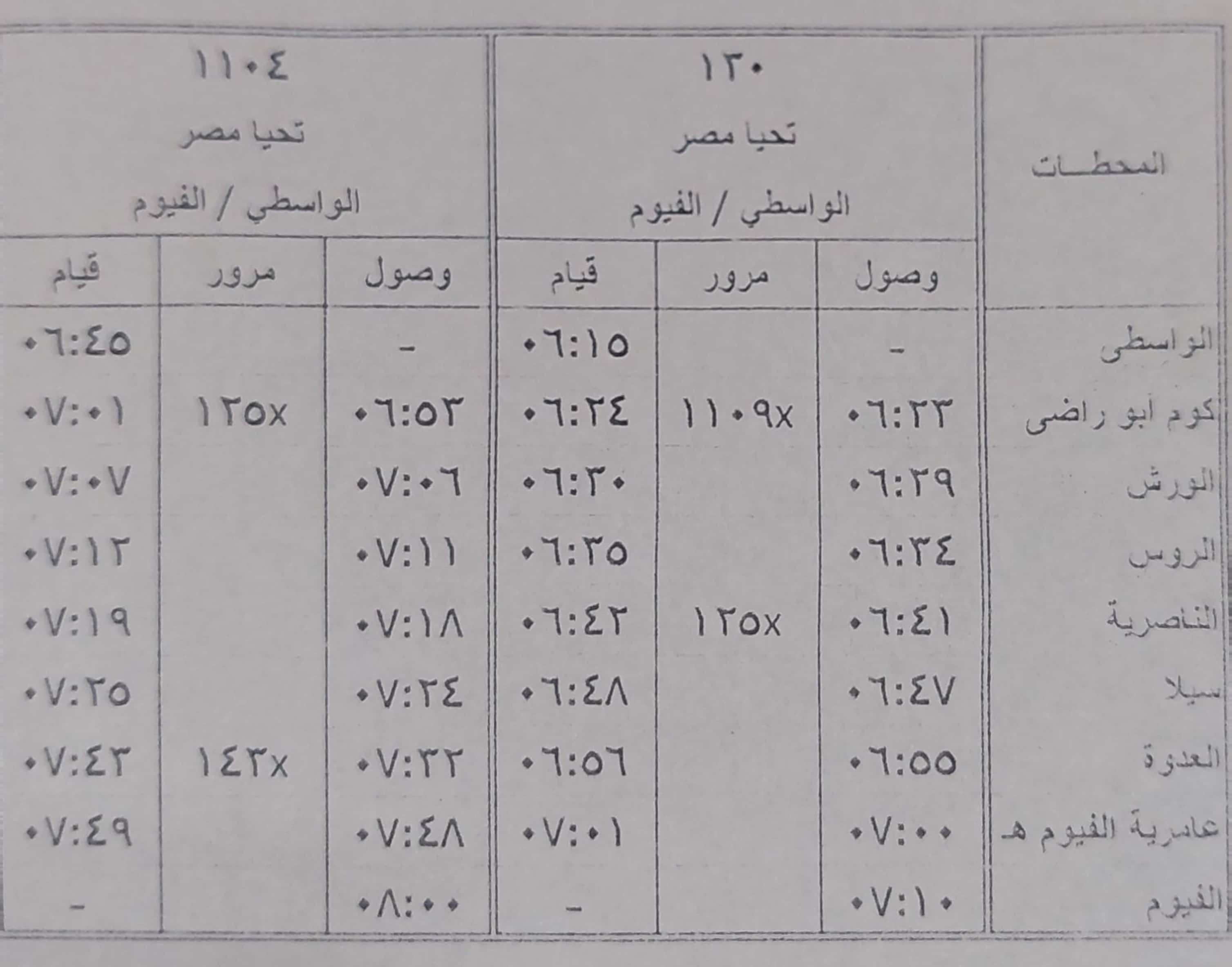 مواعيد بعض القطارات على خط القاهرة  الأقصر و الواسطي  الفيوم (3)