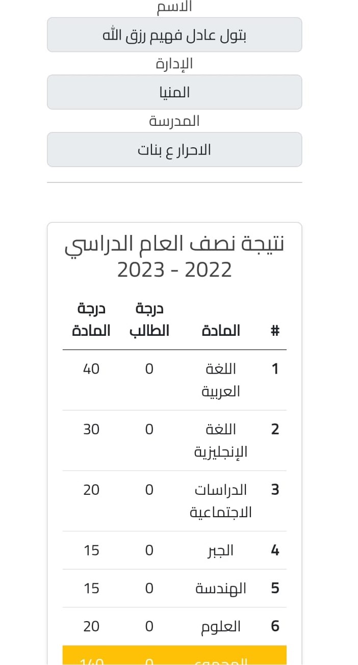 نتيجة الطالبة بتول صفر في جميع المواد نتيجة الطالبة بتول صفر في جميع المواد