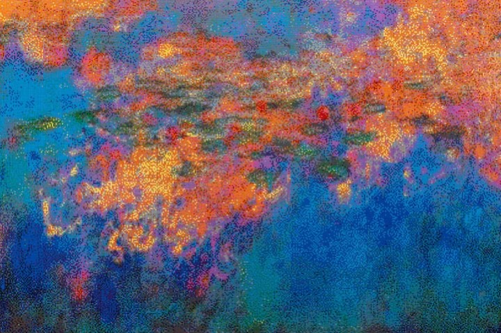 صورة تعكس لوحة زنابق الماء الشهيرة لكلود مونيه وهي مصنوعة من مكعبات الليجو