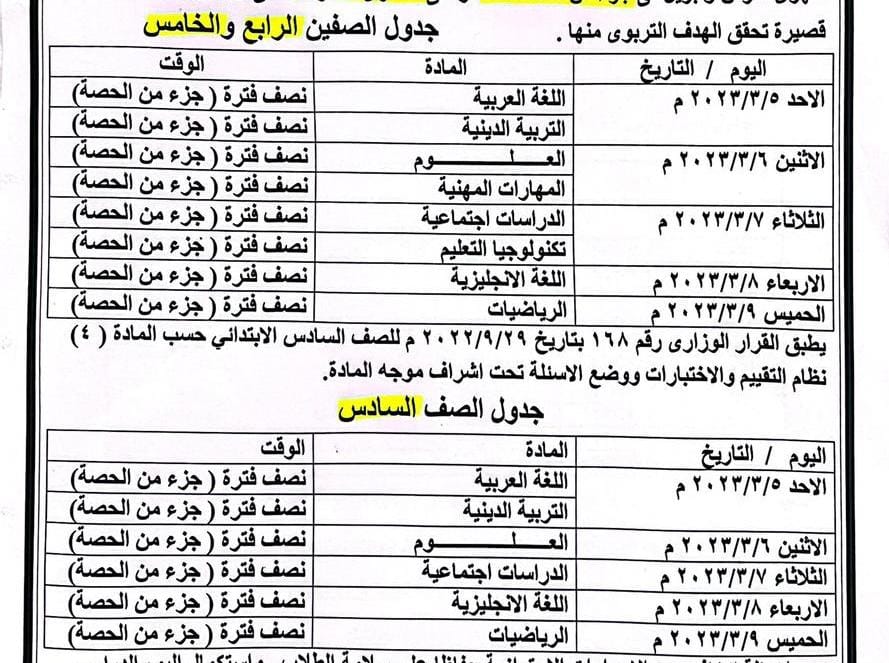 جدول  امتحانات شهر مارس للصفوف الرابع والخامس والسادس الابتدائي