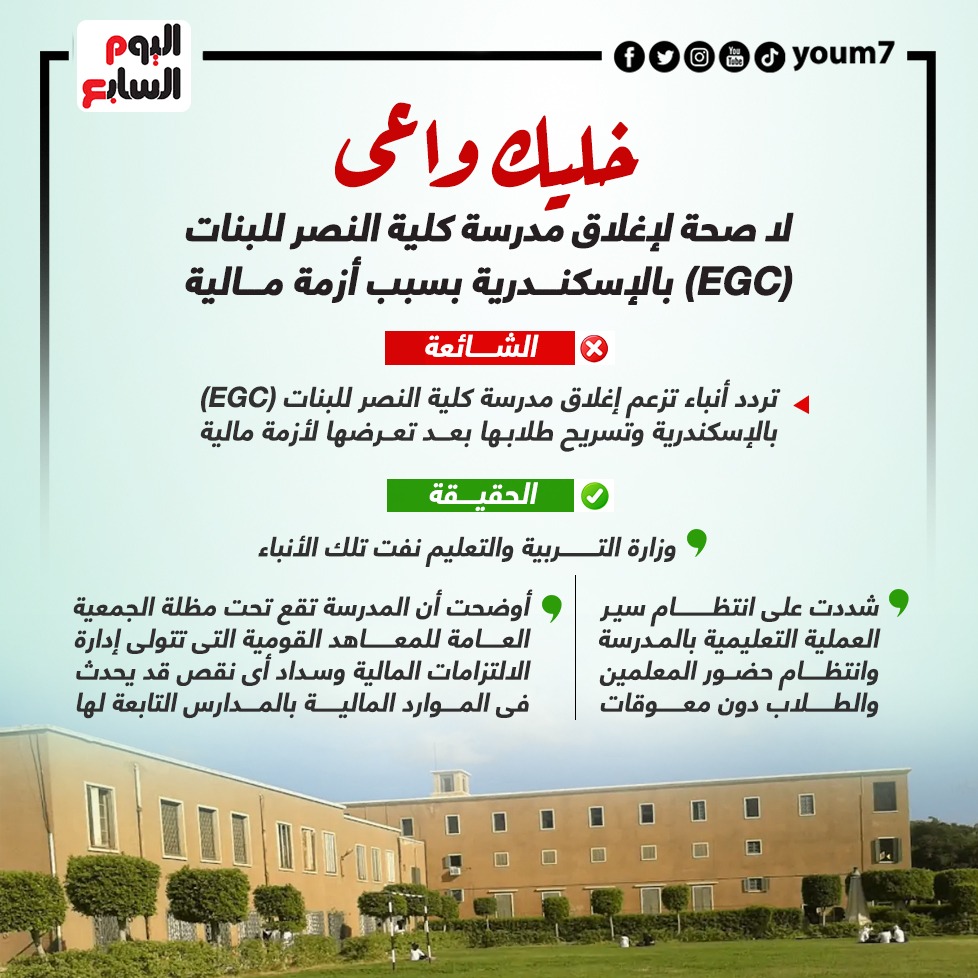 لا صحة لإغلاق مدرسة كلية النصر للبنات (EGC) بالإسكندرية بسبب أزمة مالية