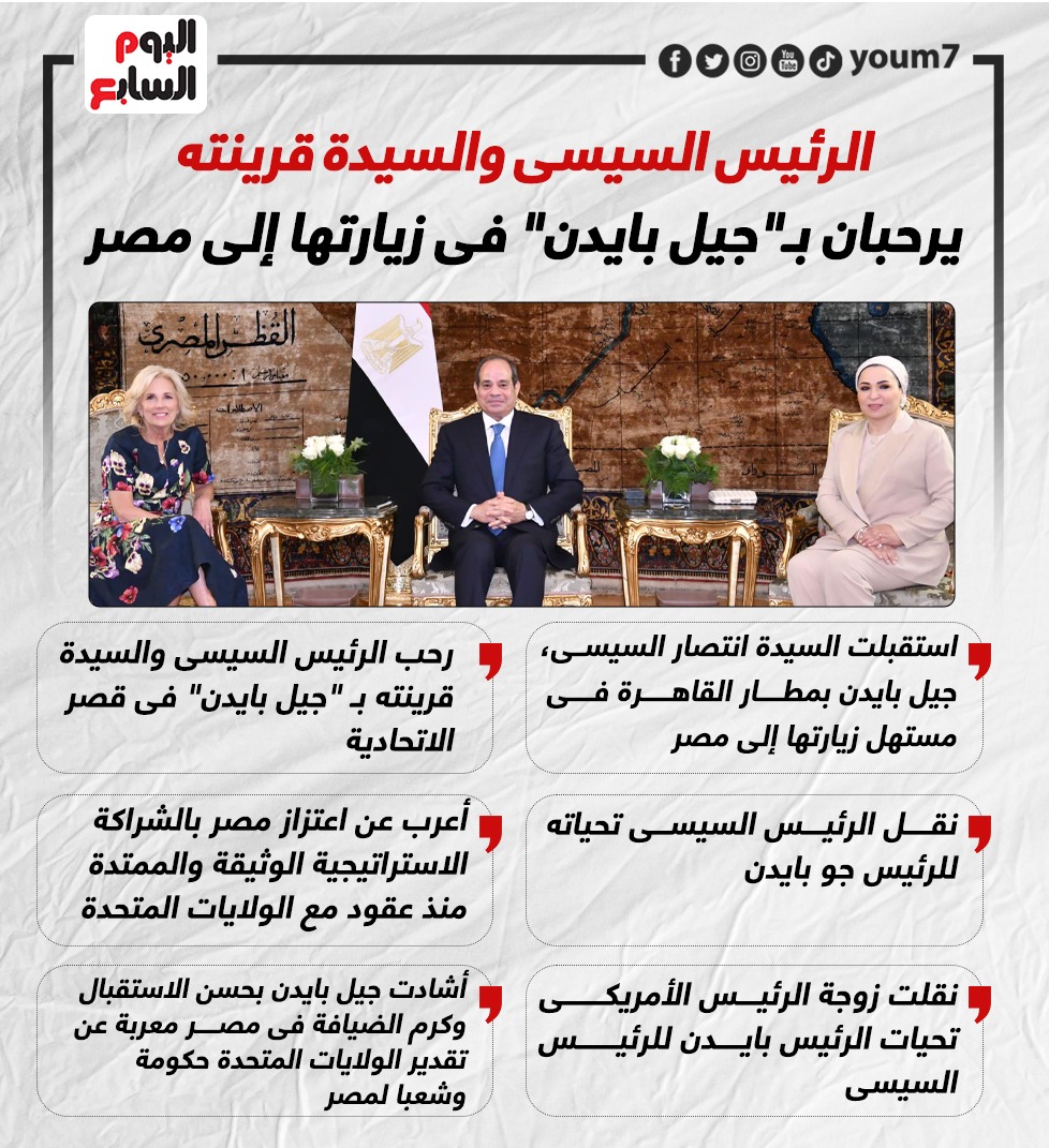 الرئيس السيسى والسيدة قرينته يرحبان بجيل بايدن فى زيارتها إلى مصر
