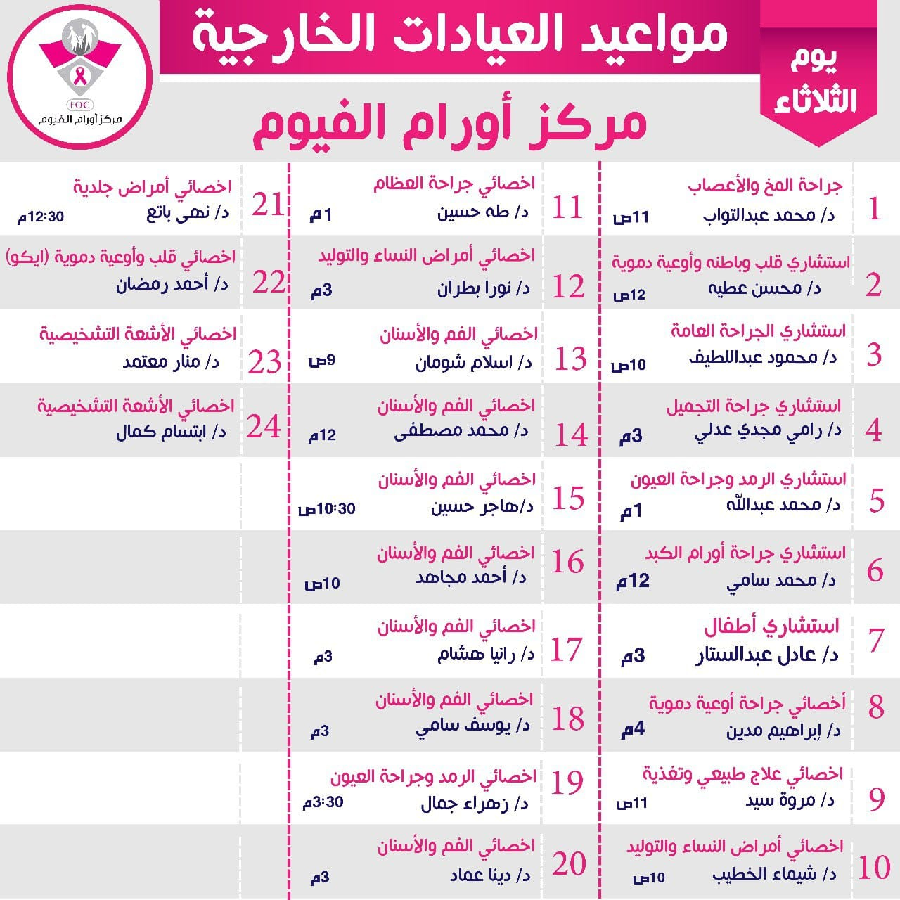 مواعيد العيادات الخارجية بمركز أورام الفيوم (2)