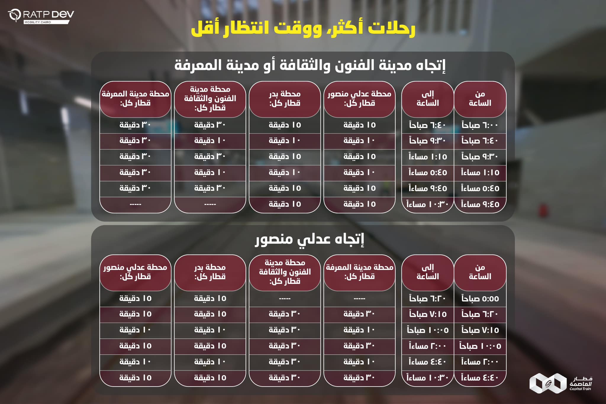 مواعيد الرحلات بقطار العاصمة خلال أيام الأسبوع