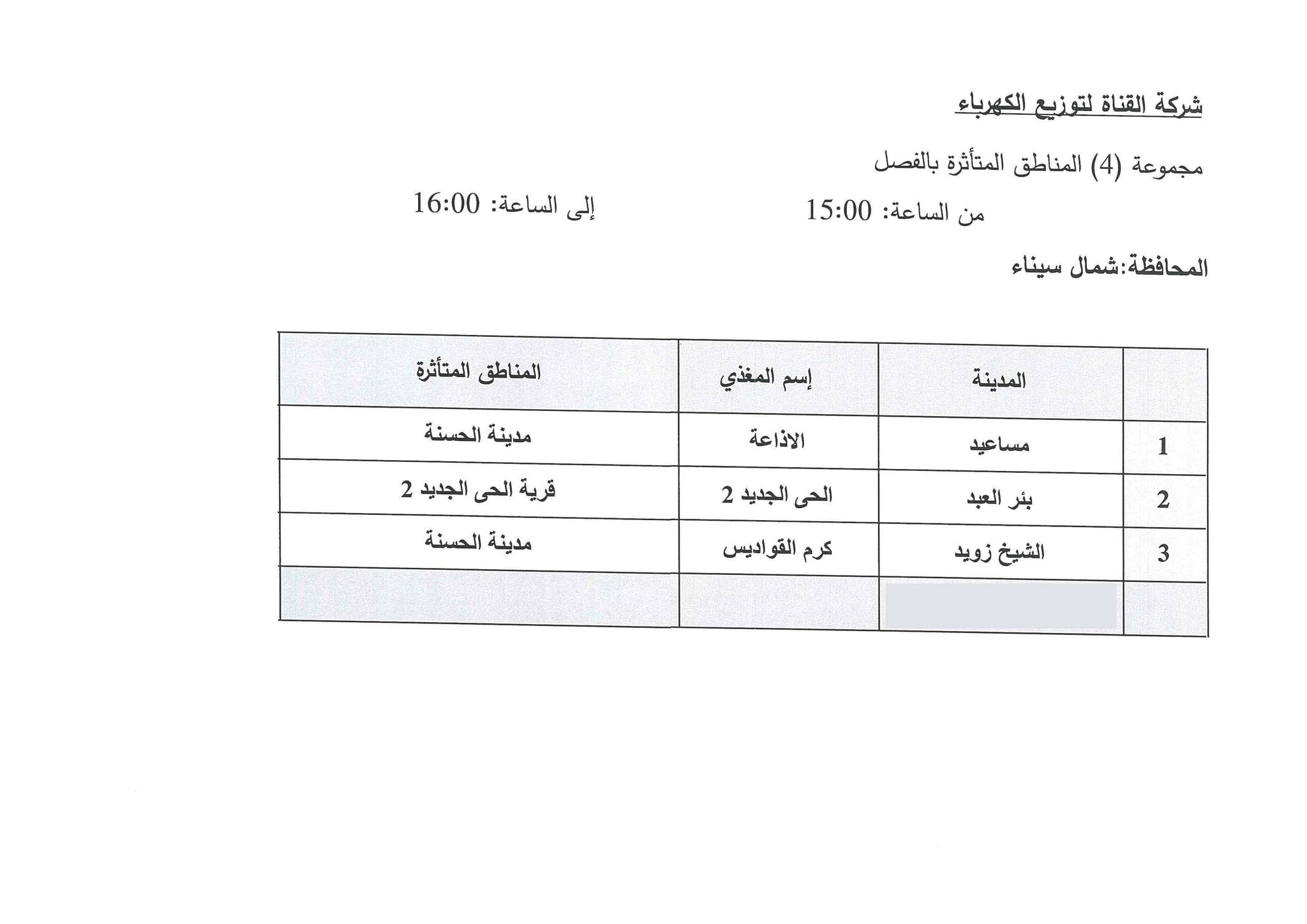 جدول مواعيد تخفيف الأحمال الكهربائية فى محافظة شمال سيناء (4)