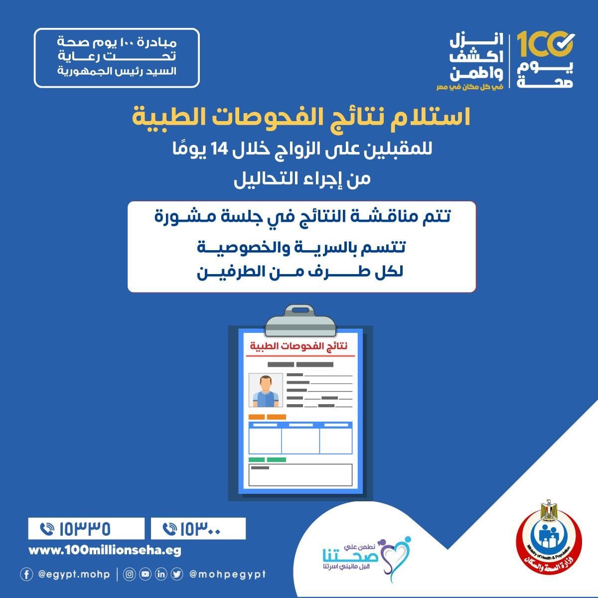 استلام نتائج الفحوص الطبية للمقبلين علي الزواج خلال 14 يوم