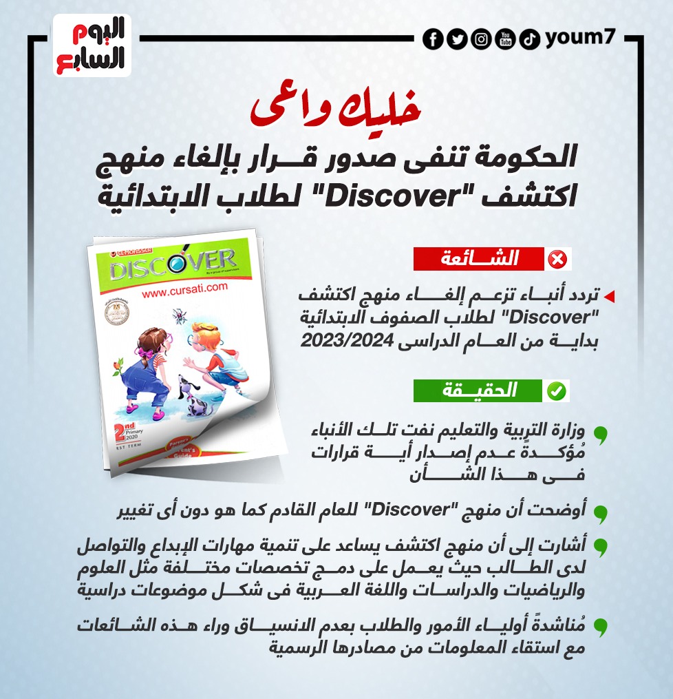 الحكومة تنفى صدور قرار بإلغاء منهج اكتشف لطلاب الابتدائية