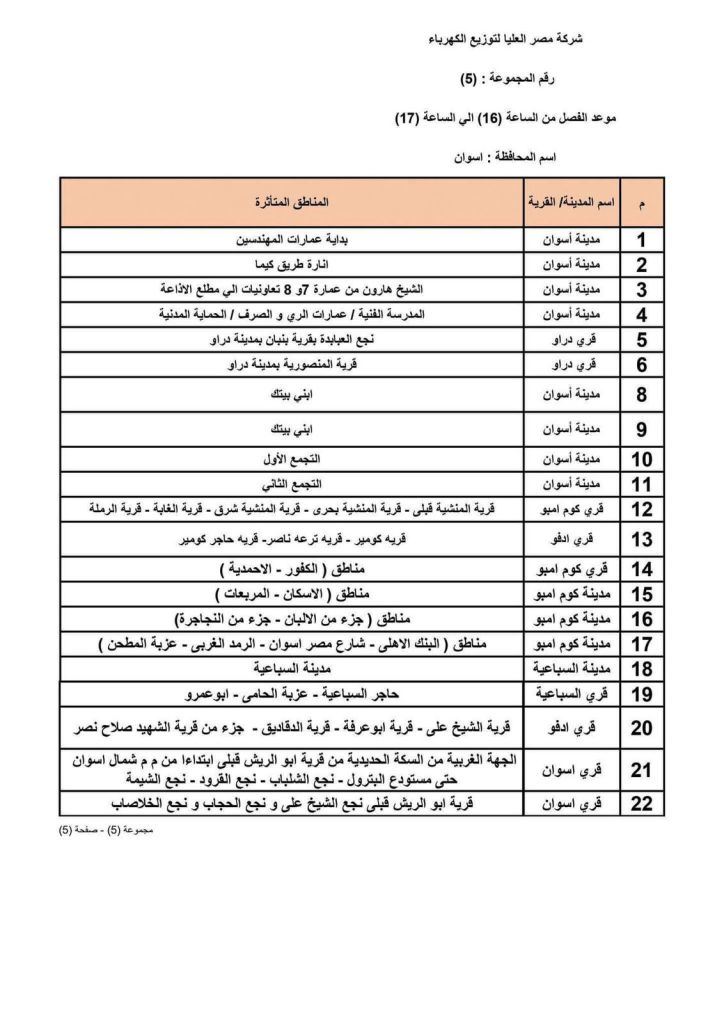 جدول مواعيد فصل الكهرباء عن المناطق والمواقع المختلفة بمحافظة أسوان (1)