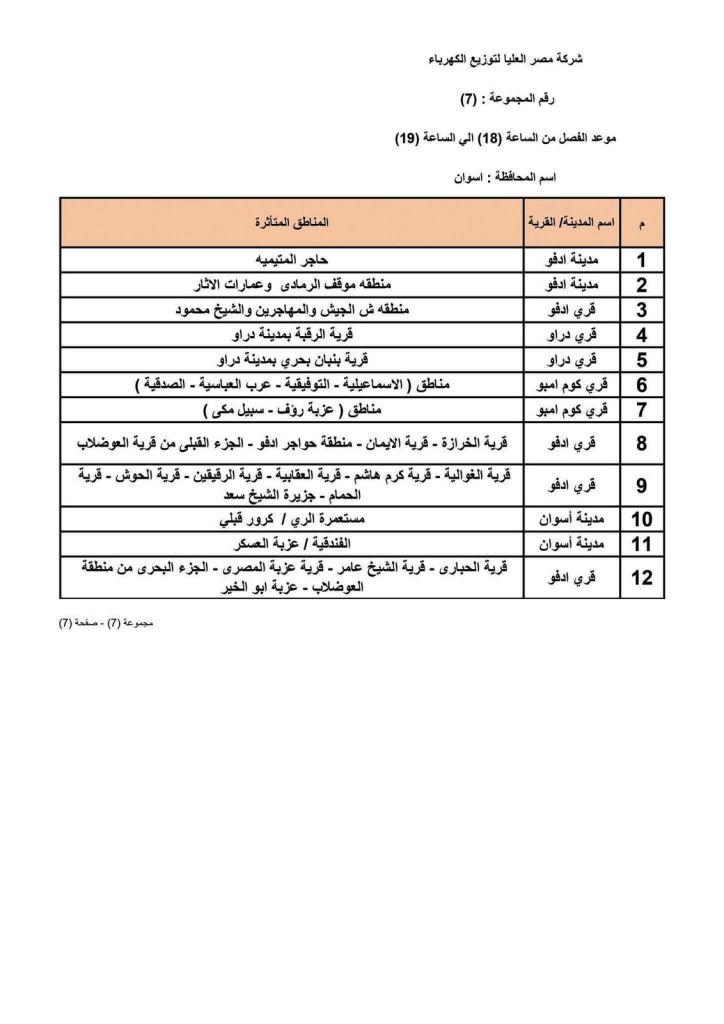 جدول مواعيد فصل الكهرباء عن المناطق والمواقع المختلفة بمحافظة أسوان (11)