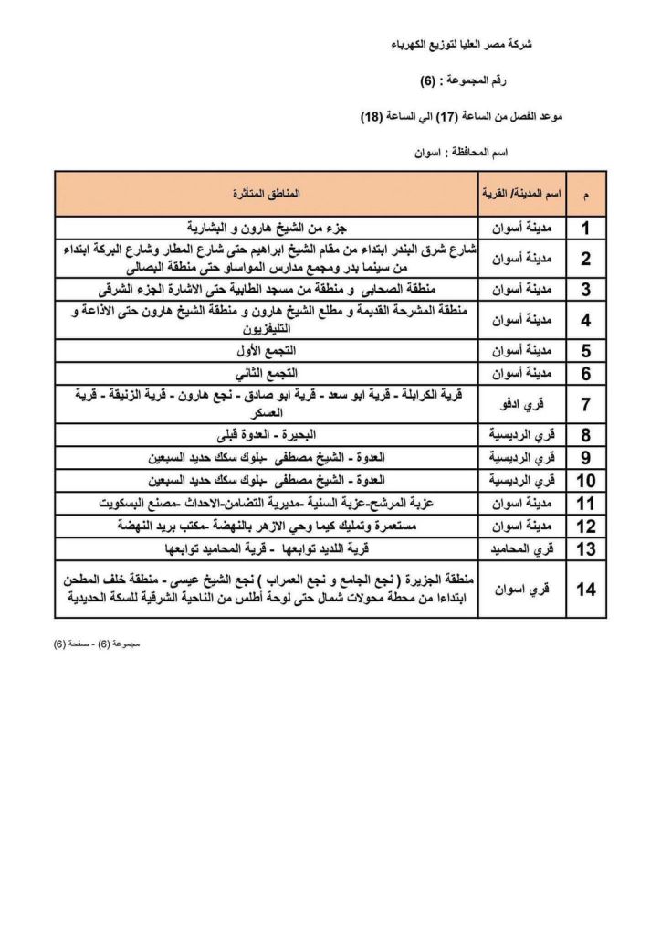 جدول مواعيد فصل الكهرباء عن المناطق والمواقع المختلفة بمحافظة أسوان (3)