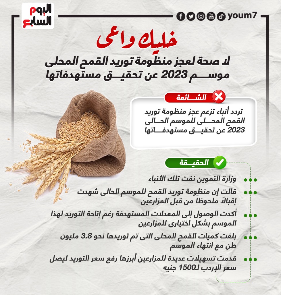 لا صحة لعجز منظومة توريد القمح المحلى موسم 2023 عن تحقيق مستهدفاتها