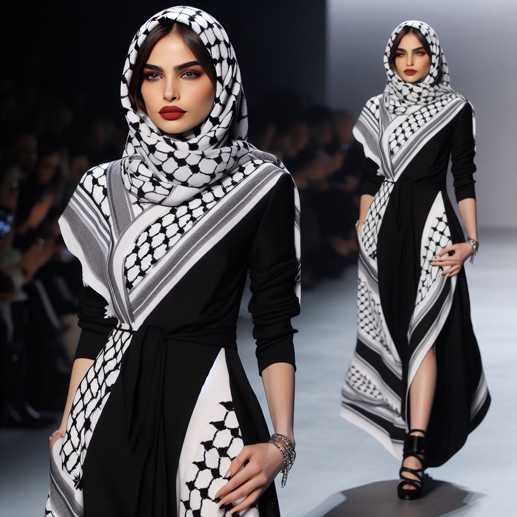 263730-فستان-مستوحى-من-الشال-الفلسطينى مصري يصمم ملابس مستوحاة من الشال الفلسطيني لدعم أهالى غزة