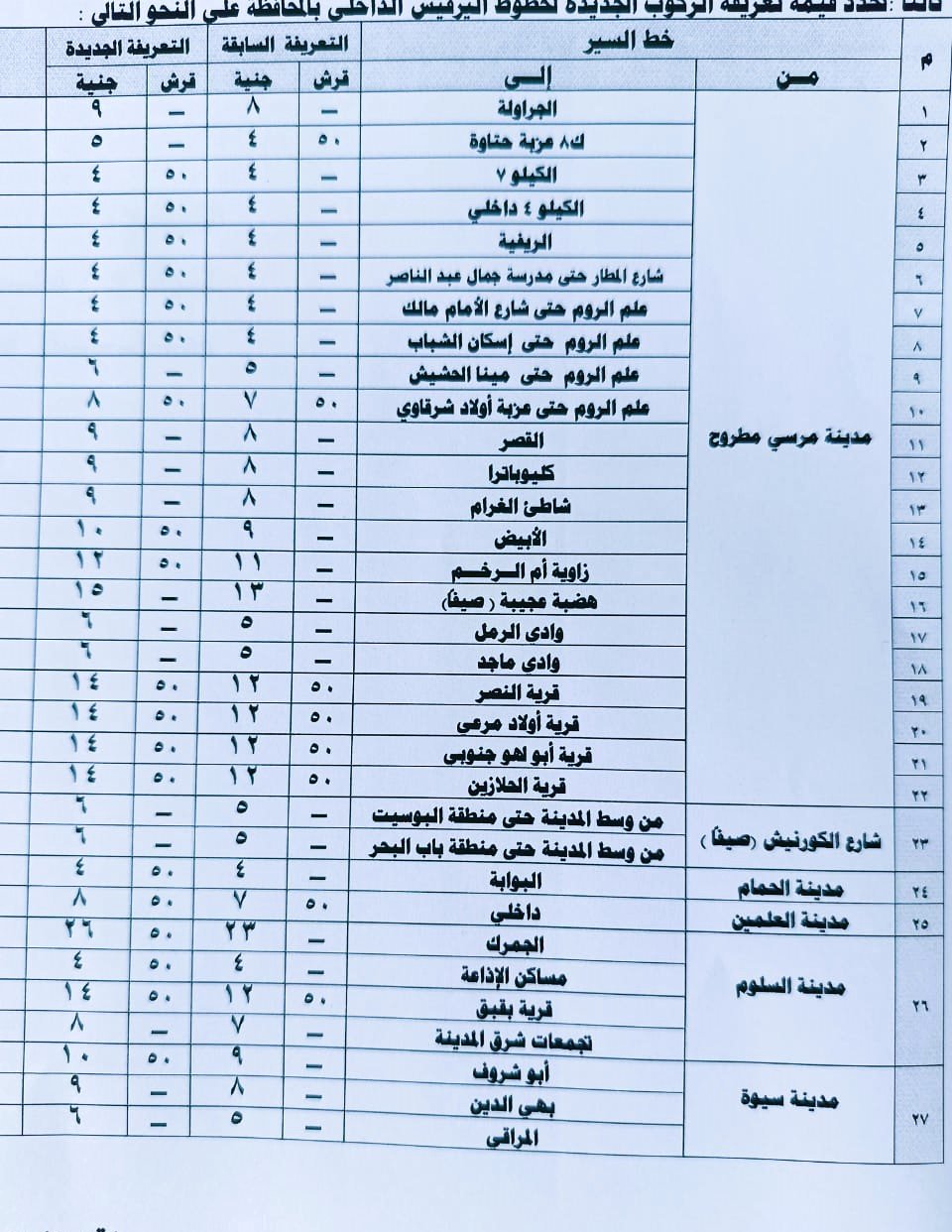 تعريفة السرفيس الداخلي  مطروح