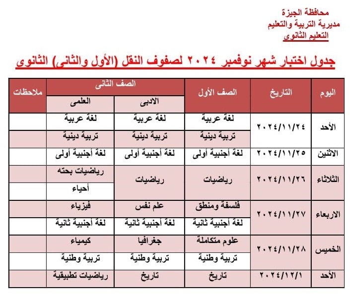 امتحان نوفمبر الأول والثانى الثانوى