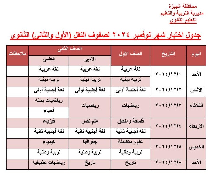 جدول امتحان نوفمبر الأول والثانى الثانوى جدول امتحان نوفمبر الأول والثانى الثانوى