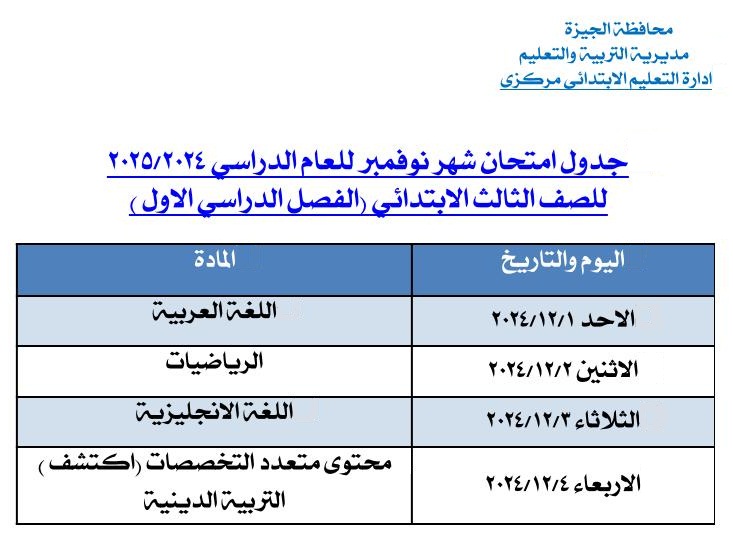 جدول امتحان نوفمبر الثالث الإبتدائى جدول امتحان نوفمبر الثالث الإبتدائى