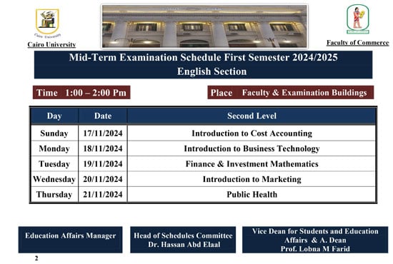 جدول امتحانات الميد تيرم لطلاب تجارة إنجليزى بجامعة القاهرة (2)