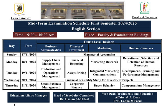 جدول امتحانات الميد تيرم لطلاب تجارة إنجليزى بجامعة القاهرة (5)