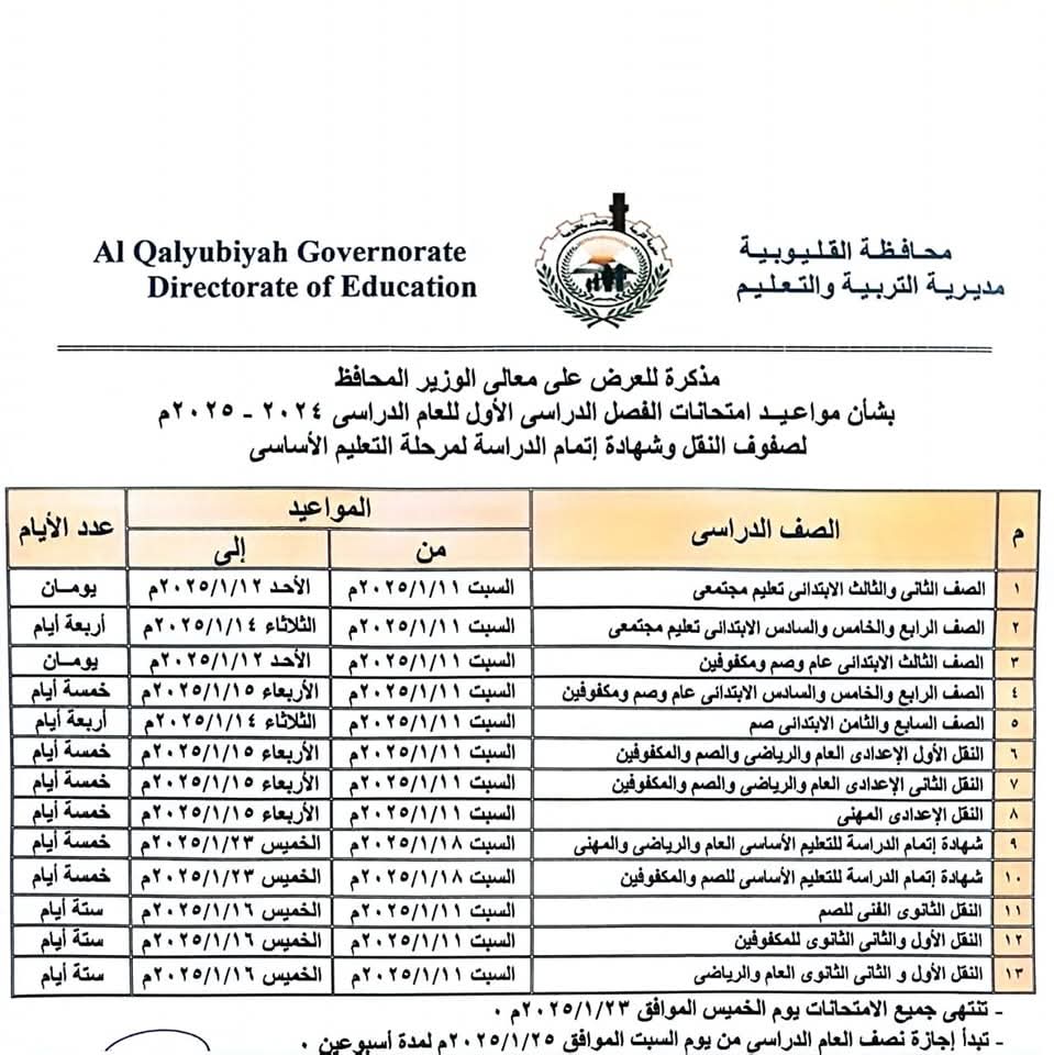 مواعيد امتحانات النقل والشهادة الإعدادية بالقليوبية مواعيد امتحانات النقل والشهادة الإعدادية بالقليوبية