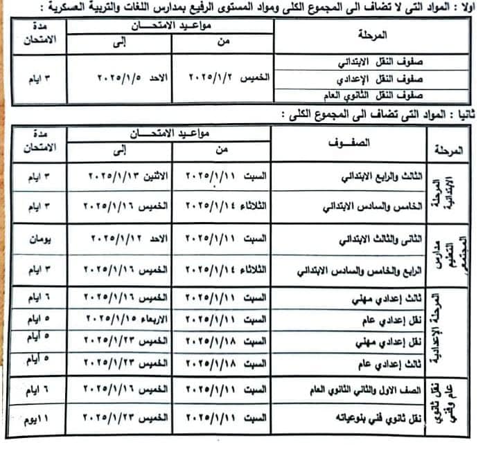 جداول امتحانات النقل والشهادات المحلية بشمال سيناء (2)