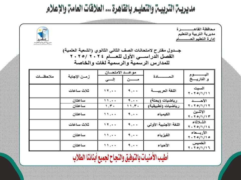 جدول امتحان الشعبة العلمية بالقاهرة للصف الثانى الثانوى 2025