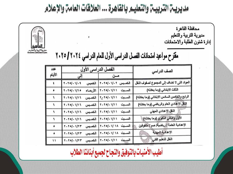 مواعيد امتحانات الترم الأول بالقاهرة 2025