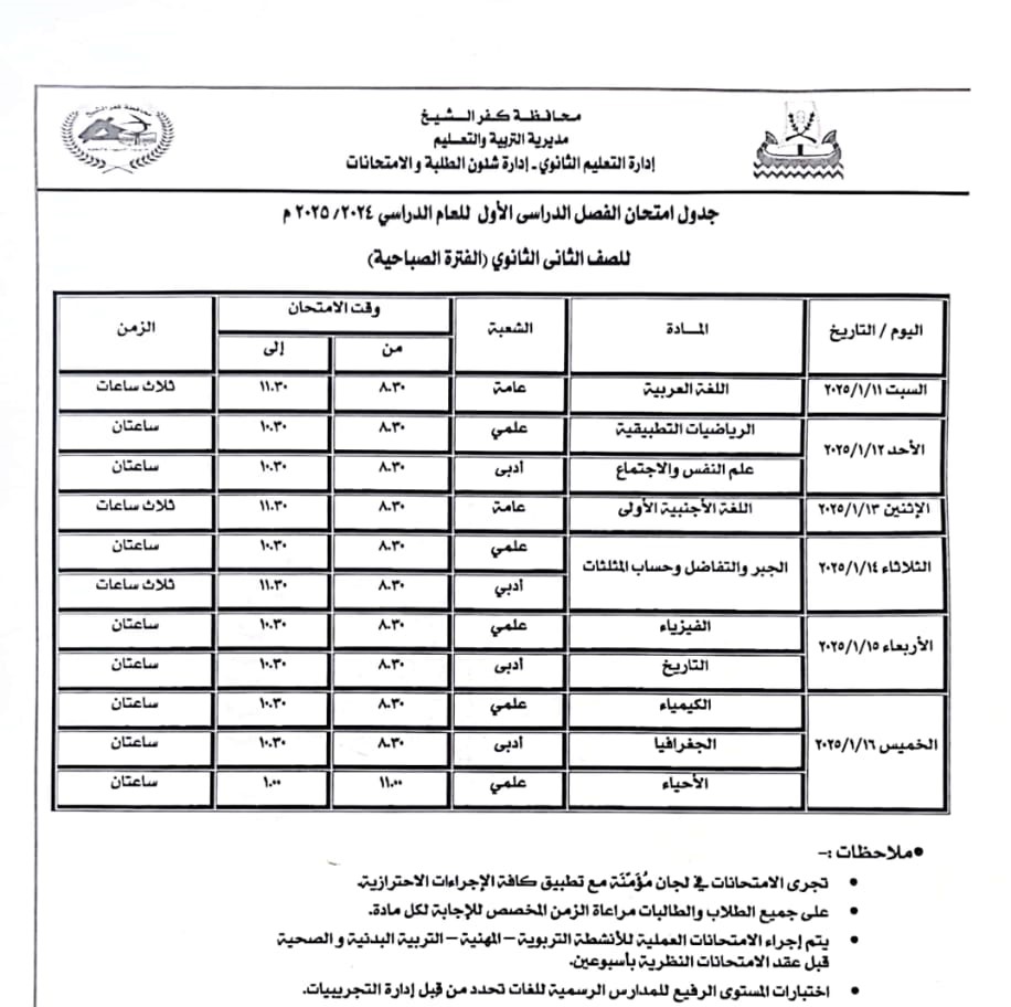 جدول الصف الثاني الثانوي