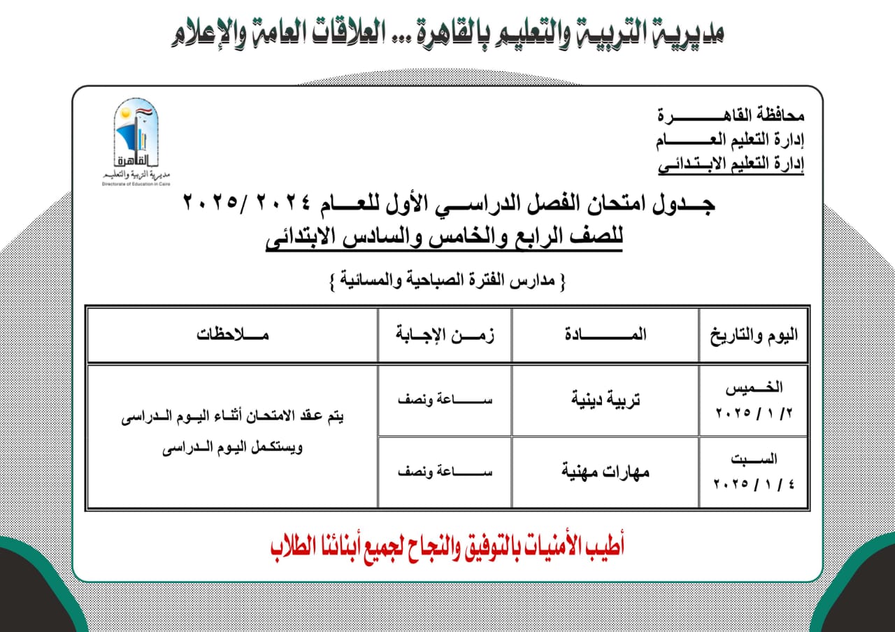 جدول امتحانات المهارات المهنية بالقاهرة