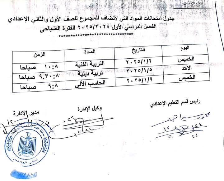 جدول امتحانات مواد لا تضاف للمجموع بالإعدادية