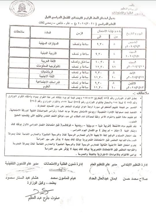 جدول امتحانات الصف الرابع الإبتدائي