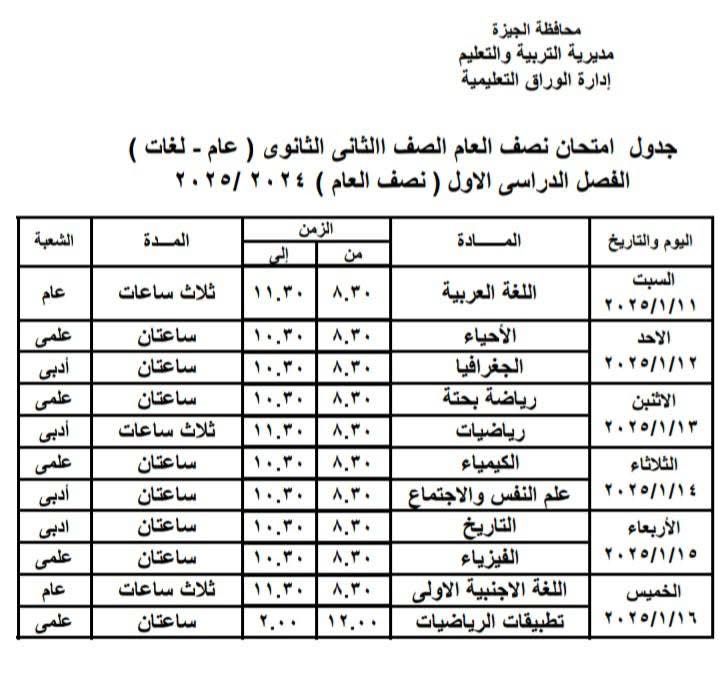 جدول امتحانات الفصل الدراسى الأول