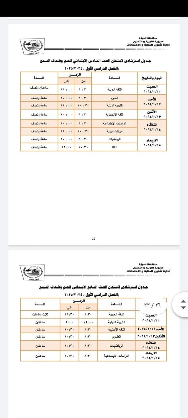 جدول استرشادي للصف السادس الابتدائي لضعاف السمع