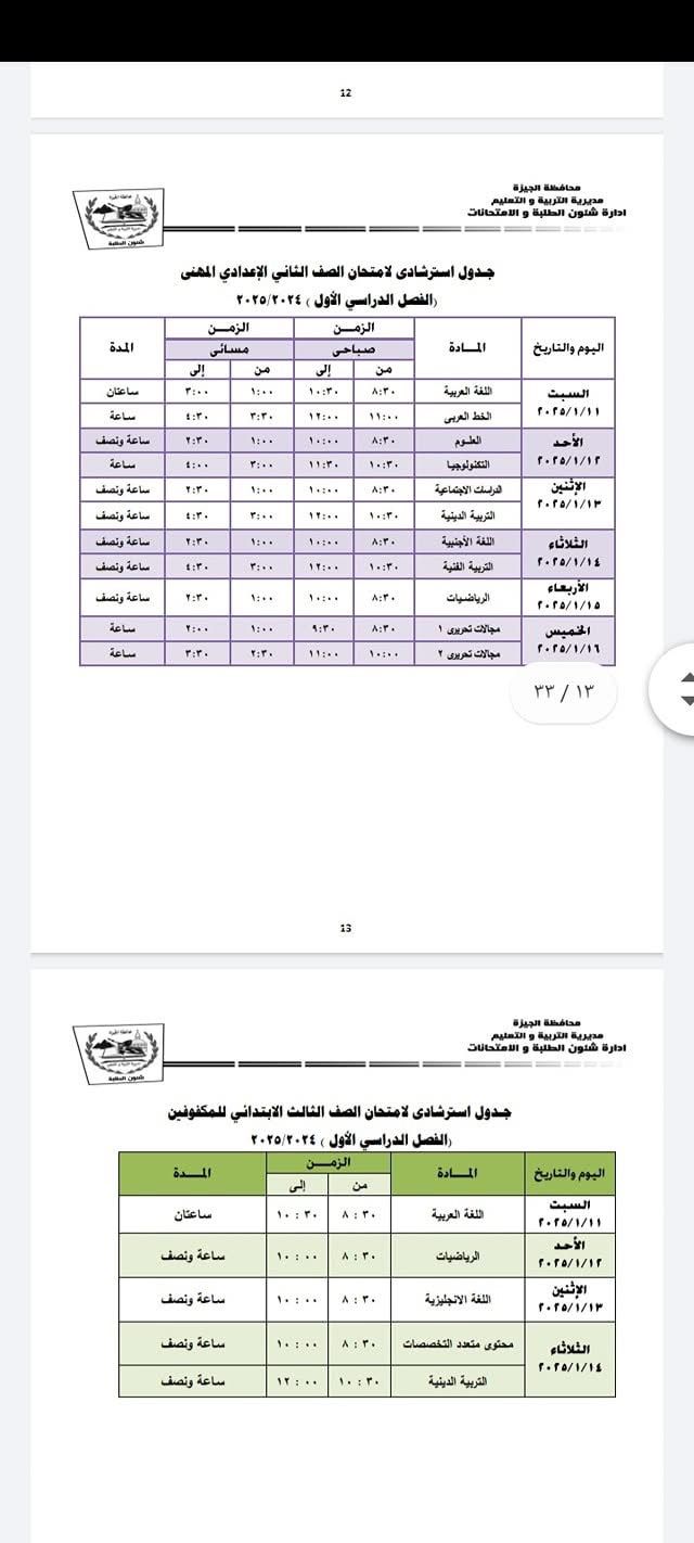 جدول استرشادي للصف الثاني الاعدادى المهني