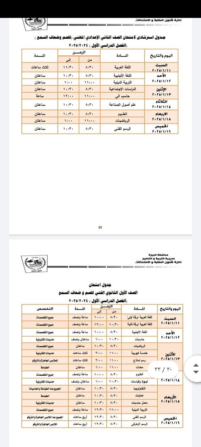 جدول استرشادي للصف الثاني الاعدادي المهني