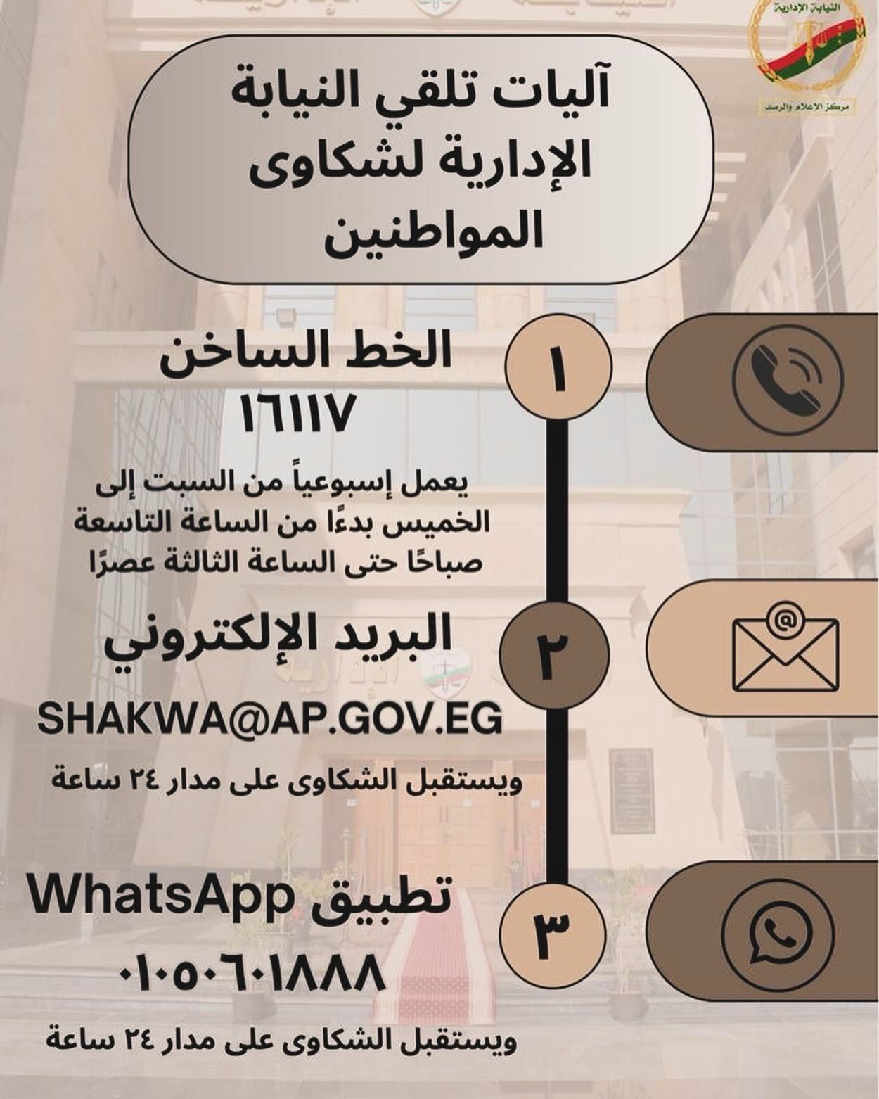 أليا تلقي النيابة الإدارية لشكاوي المواطنين