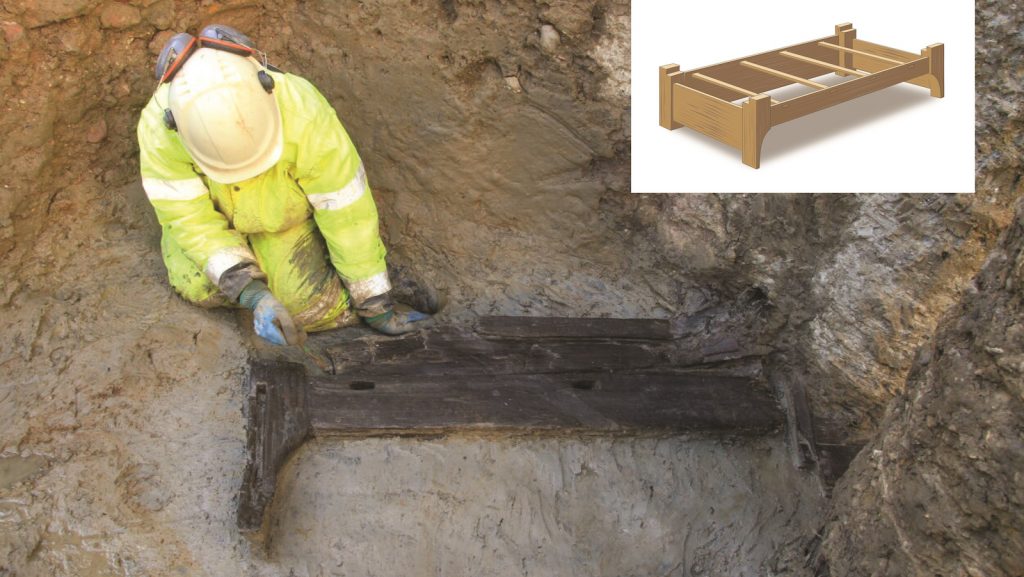Composite-image-of-the-funerary-bed-being-excavated-and-a-reconstruction-©MOLA_cropped-1024x577