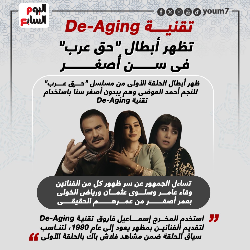 تقنية De-Aging تظهر أبطال مسلسل حق عرب فى سن أصغر.. إنفوجراف - اليوم السابع