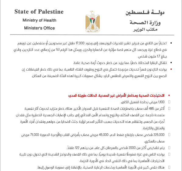 تقرير لوزارة الصحة الفلسطينية