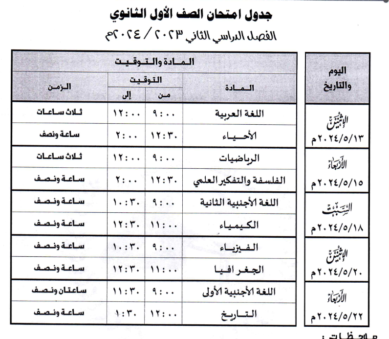 جدول امتحان الصف الأول الثانوي والمواد المضافة